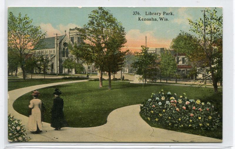 Library Park Kenosha Wisconsin 1910c postcard