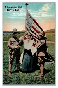 Vintage 1910's Patriotic Postcard Woman with Two WW1 Soldiers American Flag NICE