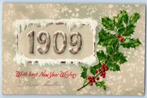 1909 New Year Large Numbers Holly Berries Winsch Back Bayonne NJ Posted Postcard