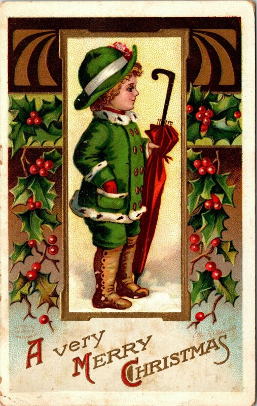 Postcard Clapsaddle Merry Christmas Girl in Green with Umbrella No.1185 1910 A13