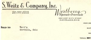 1939 S. WEITZ & COMPANY CLEVELAND OHIO WESTBERRY TOPCOATS BILLHEAD INVOICE Z685