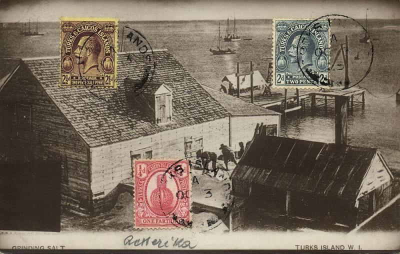 Turks Island, W.I., Grinding Salt (1925) RPPC Postcard Stamps