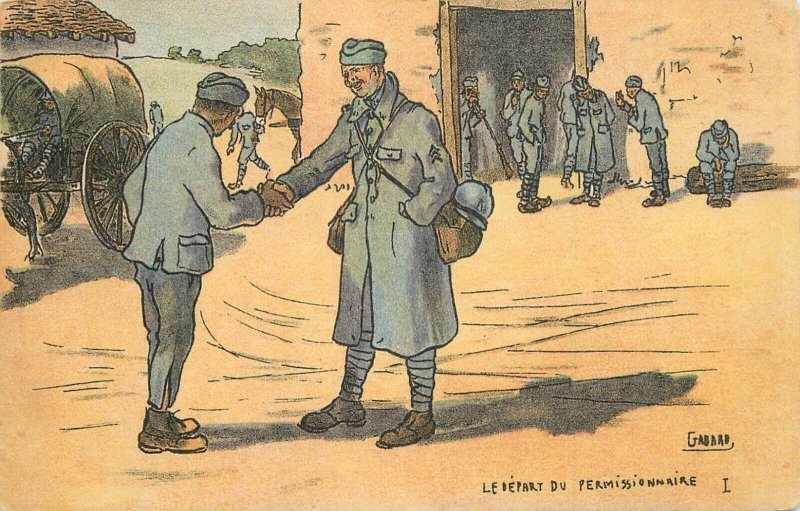 Military humor the departure of the permittee France 1918 postcard