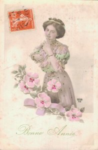 Victorian Style Jugendstil Happy New Year Beautiful Young Woman Flowers 06.24