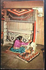 Postcard Unused Navajo Woman Weaving Rug NM LB