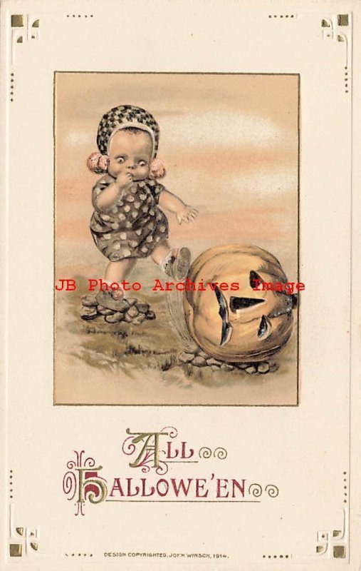 4 Postcards Halloween Set, Winsch 1914 No WIN02,Freixas,Girl with Jack o Lantern 