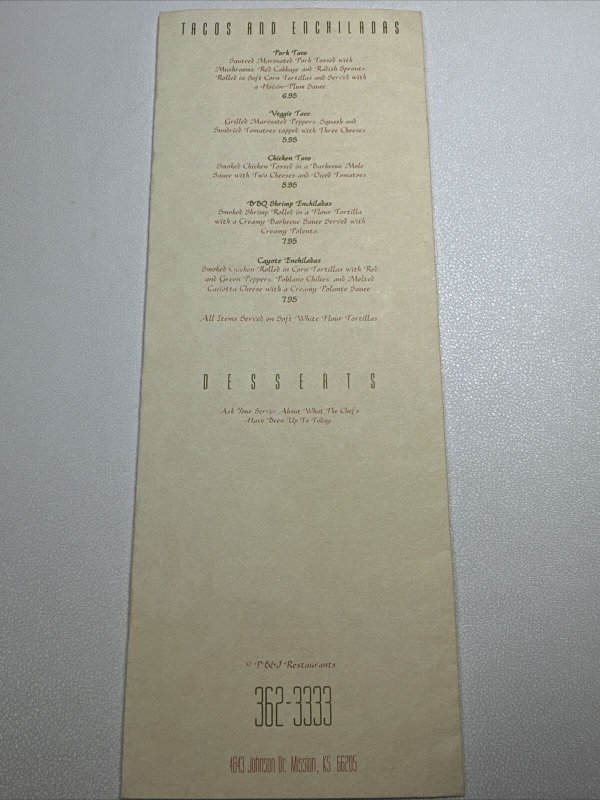 Vintage Coyote Grill Restaurant Menu Mission KS Kansas