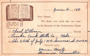 Confirmation Classes Reunion  At Church Invitation Bible Vintage Postcard 1938