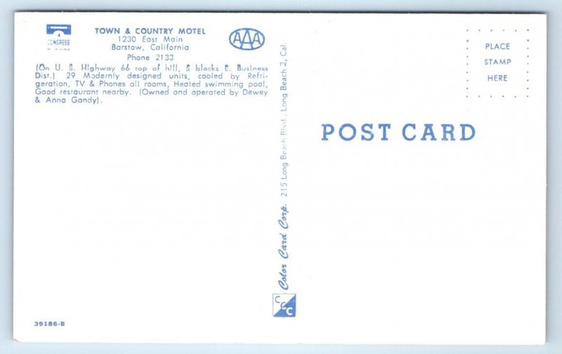 BARSTOW, CA California ~ Route 66 TOWN & COUNTRY MOTEL c1950s Roadside Postcard