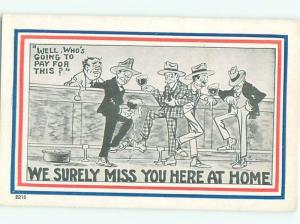 Pre-Linen Patriotic border MEN AT THE BAR MISS YOU DURING WWI ERA AB9289