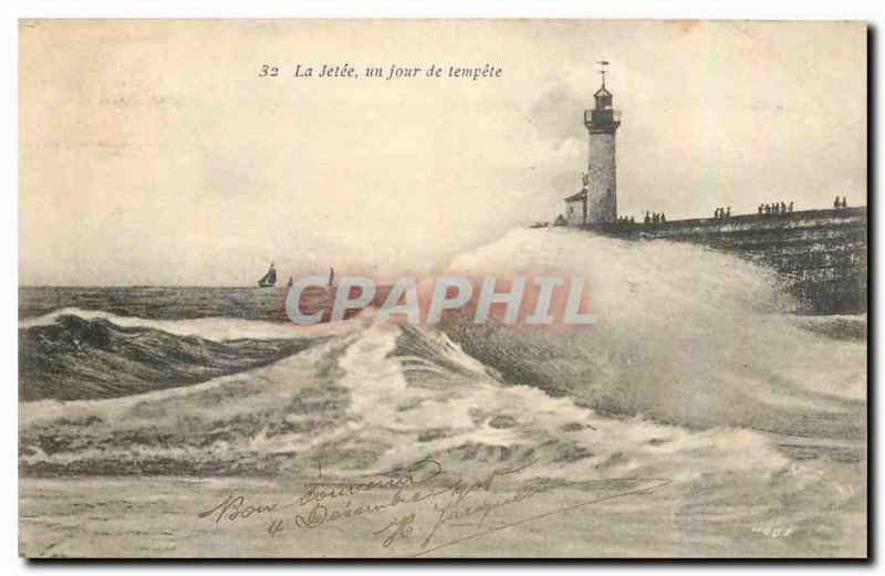 Old Postcard La Jetee one day storm Lighthouse