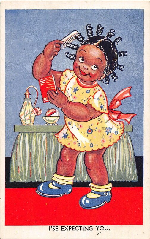 G4/ Black Americana Postcard Comic c1920 Girl Curls Hair Comb Perfume 14