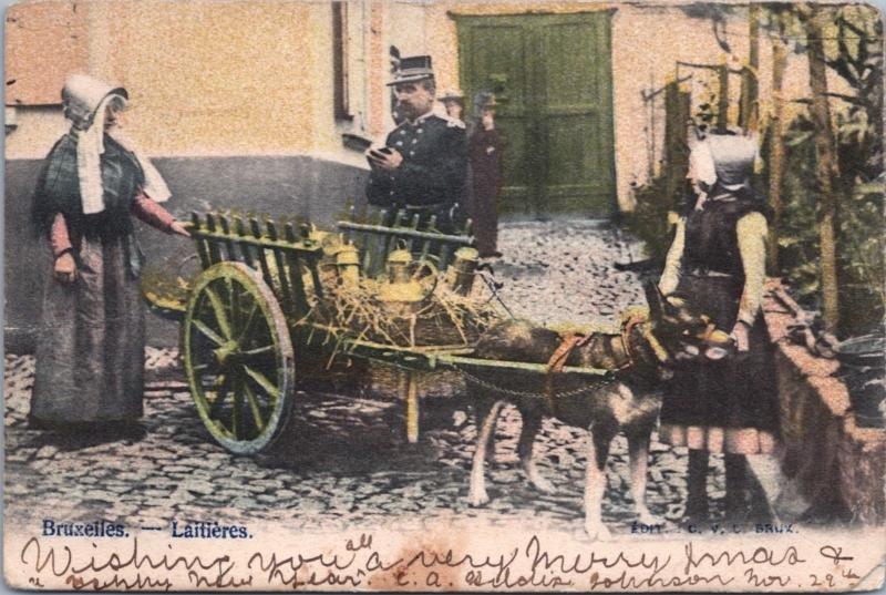 Dog Cart Milk Sellers Policeman Brussels Belgium Bruxelles c1903 Postcard E20