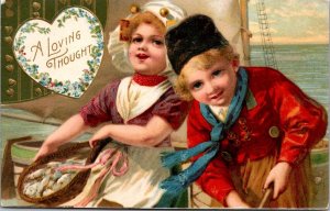 Greeting Postcard A Loving Thought Dutch Children on a Boat Sailing Ship 