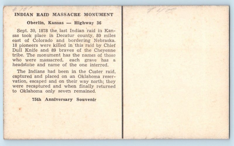 c1940s Indian Raid Massacre Monument Oberlin Kansas KS Unposted Vintage Postcard