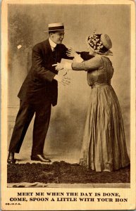 1912 Postcard - Romance - Awkward Hug - Come Spoon A Little WIth Your Hon