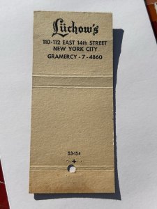 LUCHOW'S RESTAURANT NEW YORK MATCHBOOK COVER MB15