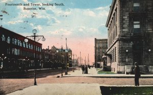 VINTAGE POSTCARD STREET SCENE LAMPOSTS PEOPLE STORES SUPERIOR WISCONSIN 1915