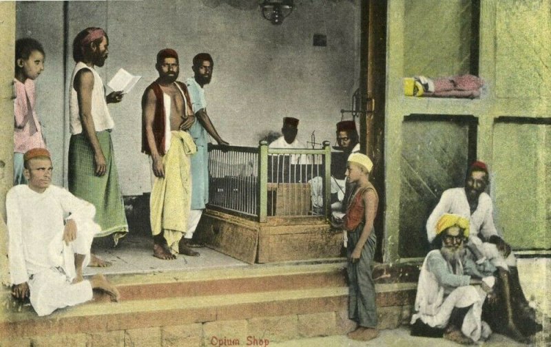 british india, Native People in Opium Shop (1910s) Postcard