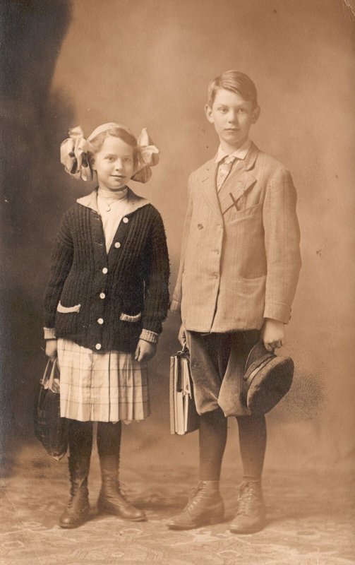 Vintage Postcard Older Brother & Younger Sister Wearing Formal Suit Dress Boots