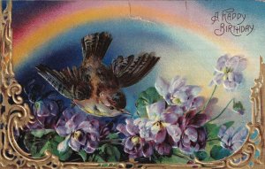 BIRTHDAY PU-1910 Sparrow Bird Purple Flowers Rainbow Gold Detail