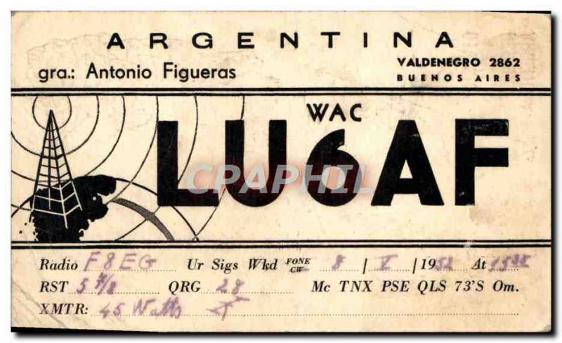 Postcard Old Telegraphie Argentina LU6AF Antonio Figueras Valdenegro Buenos A...