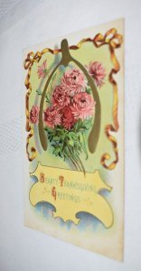 Hearty Thanksgiving Greetings Wishbone Pink Flowers Postcard Sampson Brothers