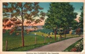 Vintage Postcard 1944 View Field & Road Greetings From Claremont New Hampshire