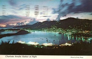 VINTAGE POSTCARD CHARLOTTE AMALIE HARBOR AT NIGHT ST. THOMAS U.S. VIRGIN ISLANDS