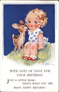 Agnes Richardson Birthday Little Girl with Baby Deer Vintage Postcard