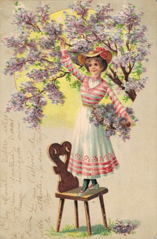 Victorian Girl Purple Rain Embossed Vintage Postcard 06.32