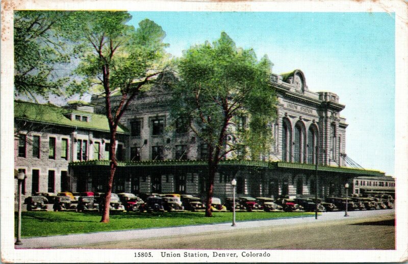 Vtg Cartolina Denver Colorado Co 1945 Union Station Street Vista W Auto