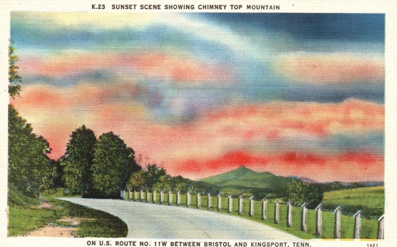 Vintage Postcard Sunset Scene Chimney Top Mountain Bristol & Kingsport Tennessee