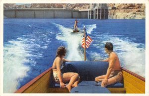 NV, Nevada  WATER SKIING Behind BOAT On LAKE MEAD Hoover Dam  UPRR Postcard