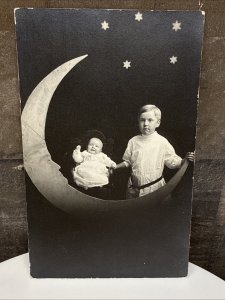 1910s RPPC Real Photo Paper Moon Postcard Boy & Baby Children Studio Cut Out