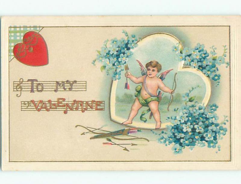 Unused Pre-Linen valentine CUPID WITH HEART AND FORGET-ME-NOT FLOWERS k9288