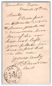 1890 JH Price & Son Hamlin Kansas KS WJ Young & Co Clinton Iowa IA Postal Card 