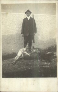 Austria or Germany Hunter Hunting Gun Dead Rabbit & Fox Real Photo Postcard