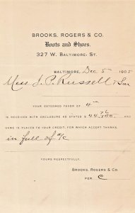 BALTIMORE MARYLAND MD~BROOKS ROGERS & CO.-BOOTS & SHOES~1905 BILLHEAD