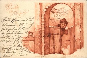 Prosit Heujar New Year Little Boy with Snowball German 1900 Vintage Postcard