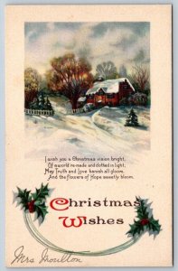 Christmas Wishes, Rhyme, Holly, Rural Winter Scene, Vintage Greetings Postcard