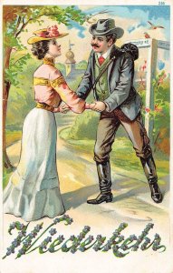 Love Romance Wieckerkehr Return Couple Traveler Violets embossed postcard C357