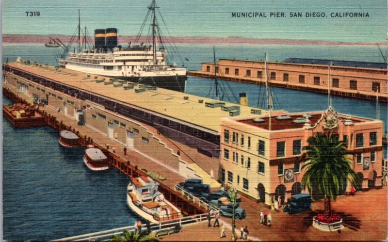 Linen Postcard Municipal Pier in San Diego, California