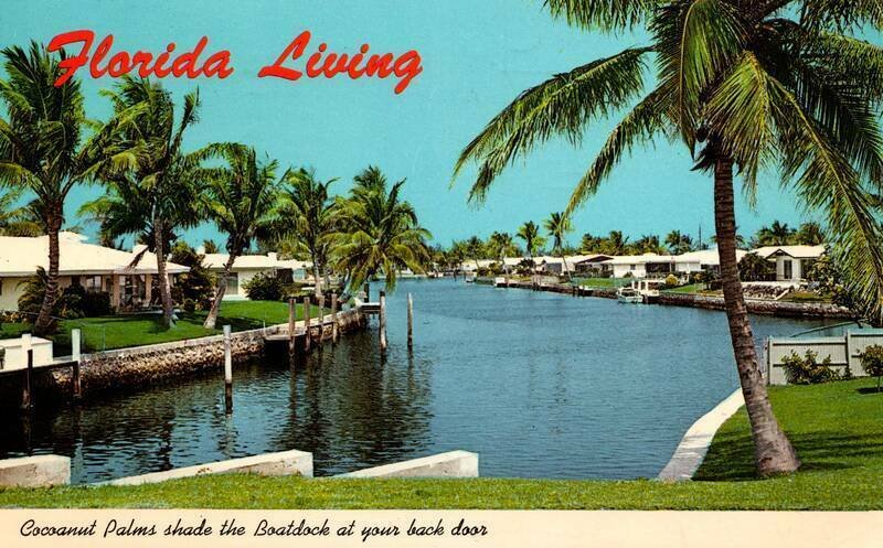 1969 Florida Living Palm Tree Shade Boatdock Canal FL Vintage Postcard