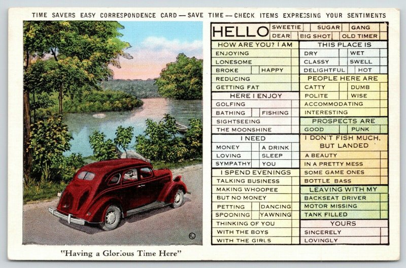 Busy Person Correspondence Card~Having a Glorious Time~1930s Car by Lake~Linen 