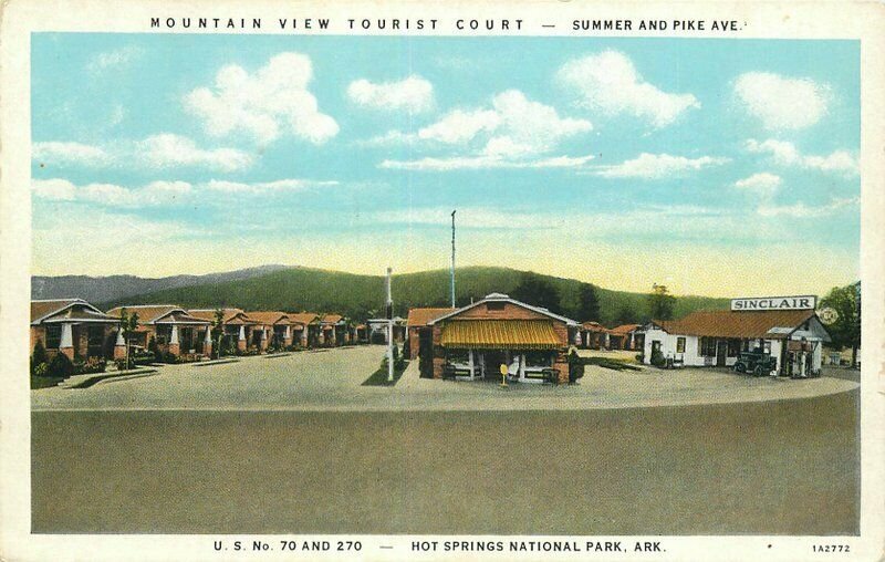 Auto Gas Pumps Mountainview Tourist 1920s Postcard Hot Springs Arkansas 12265