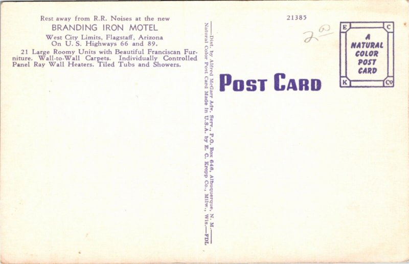 Postcard AZ Flagstaff Branding Iron Motel Route 66 & 89 Roadside RARE 1940s S112