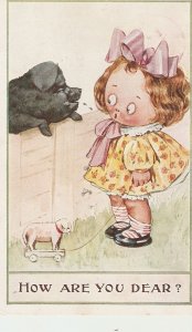 Little girl and a pig. How are you dear? Old vintage English, artist drawn, PC