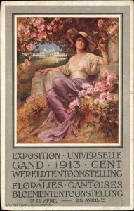 Gand Belgium 1913 Expo Poster Art Beautiful Woman Blossoming Flowers Postcard