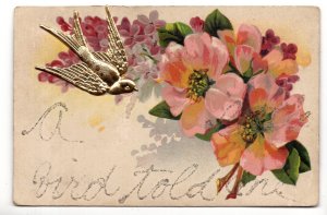 Fancy Postcard with Gold Metal Bird Attached, Glitter, A Bird Told Me, Used